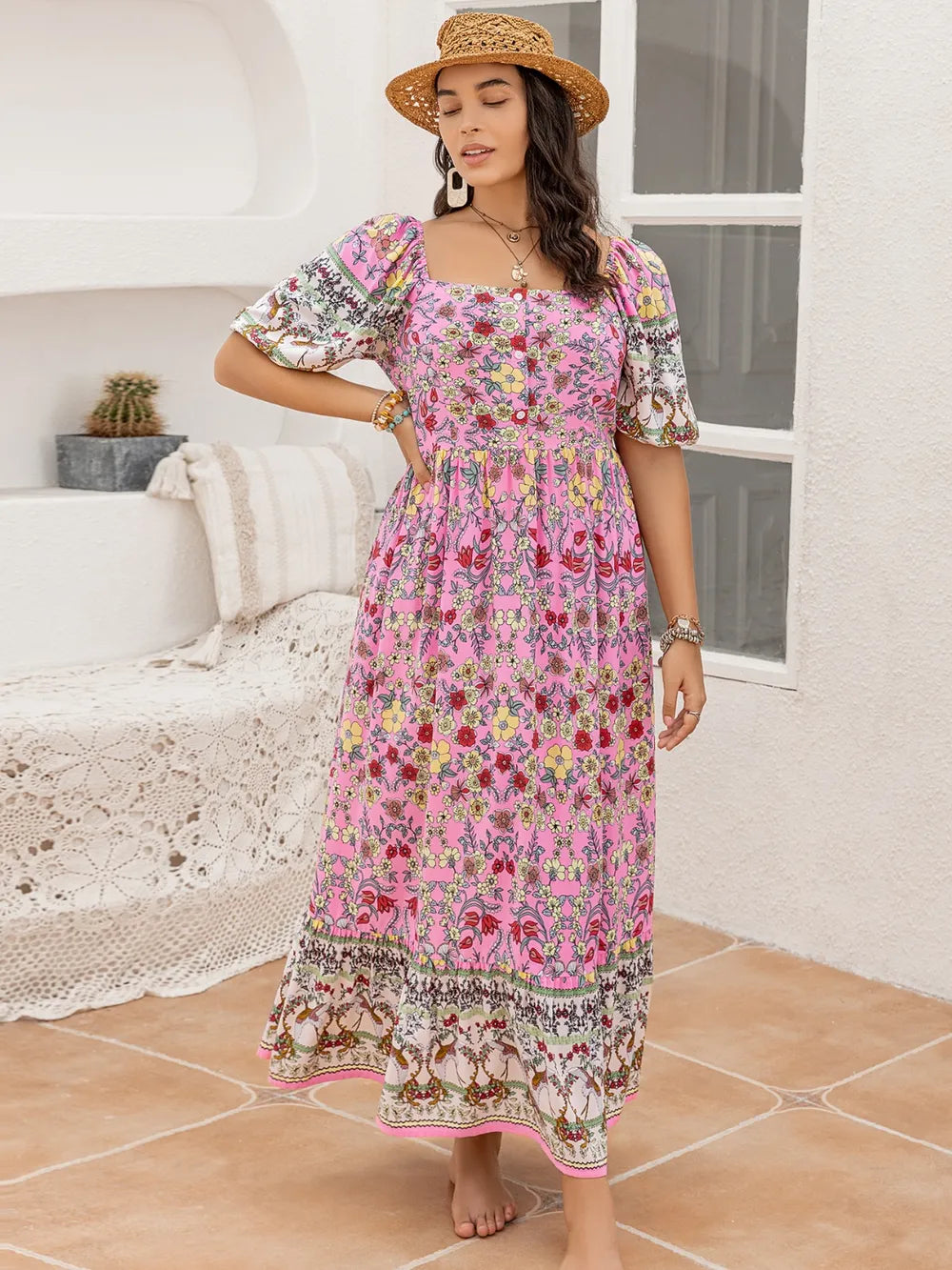 Women's Plus Size Printed Square Neck Dress