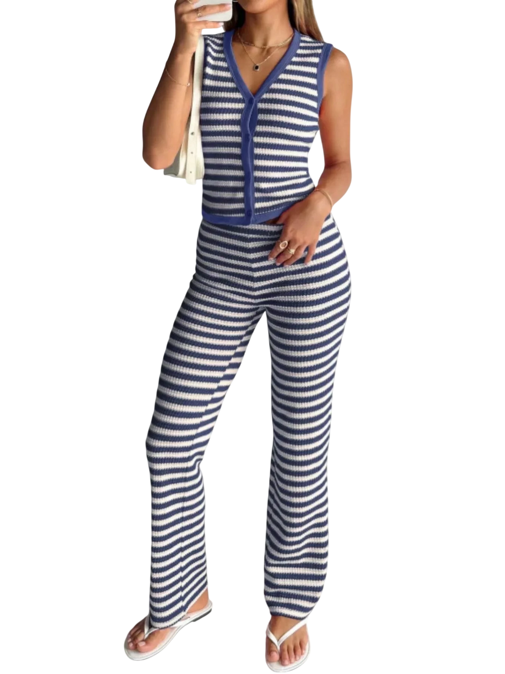 Striped Knit V-Neck Button-Up Sleeveless Top and Flare Pants Set