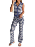 Striped Knit V-Neck Button-Up Sleeveless Top and Flare Pants Set