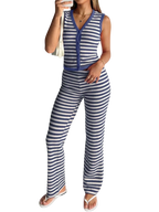 Striped Knit V-Neck Button-Up Sleeveless Top and Flare Pants Set