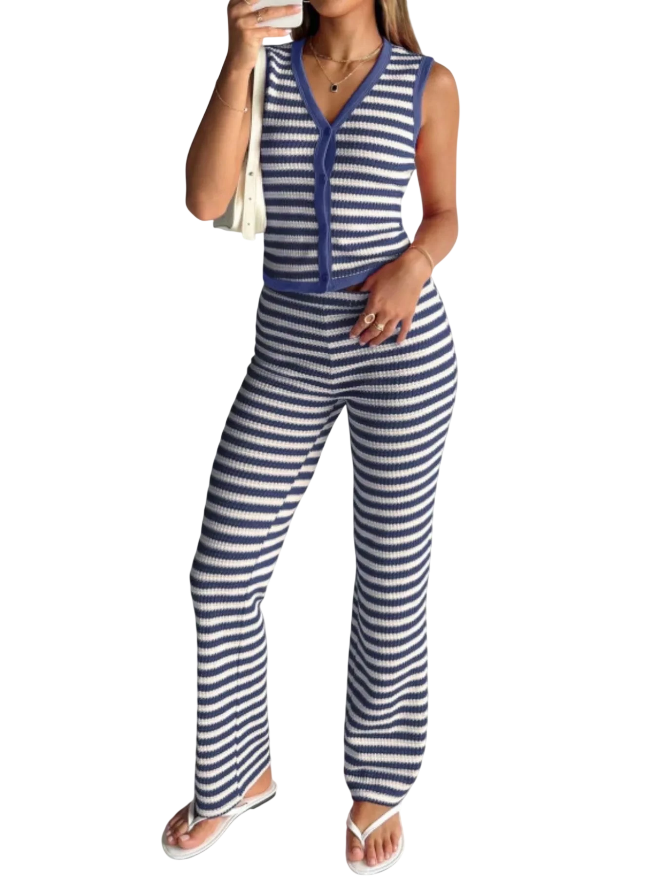 Striped Knit V-Neck Button-Up Sleeveless Top and Flare Pants Set